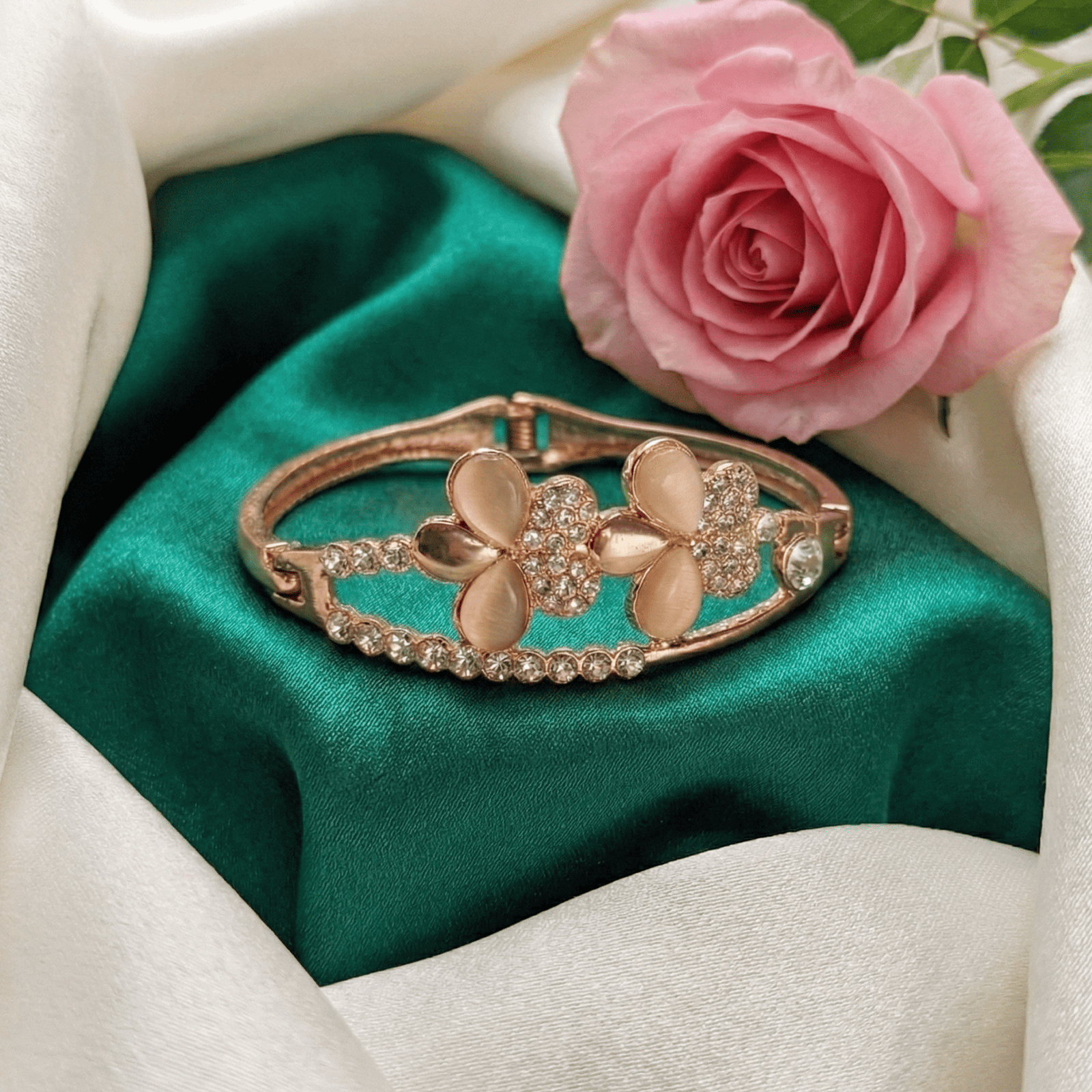 Eshanarya Floral Crystal Open Cuff Bracelet for Women | Gold Tone Bracelet