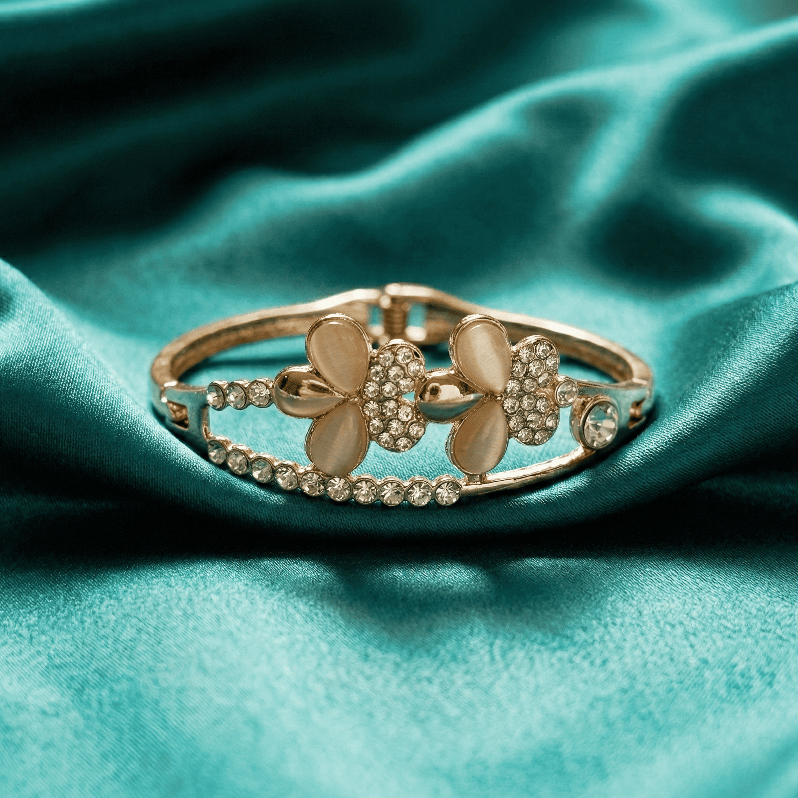 Eshanarya Floral Crystal Open Cuff Bracelet for Women | Gold Tone Bracelet