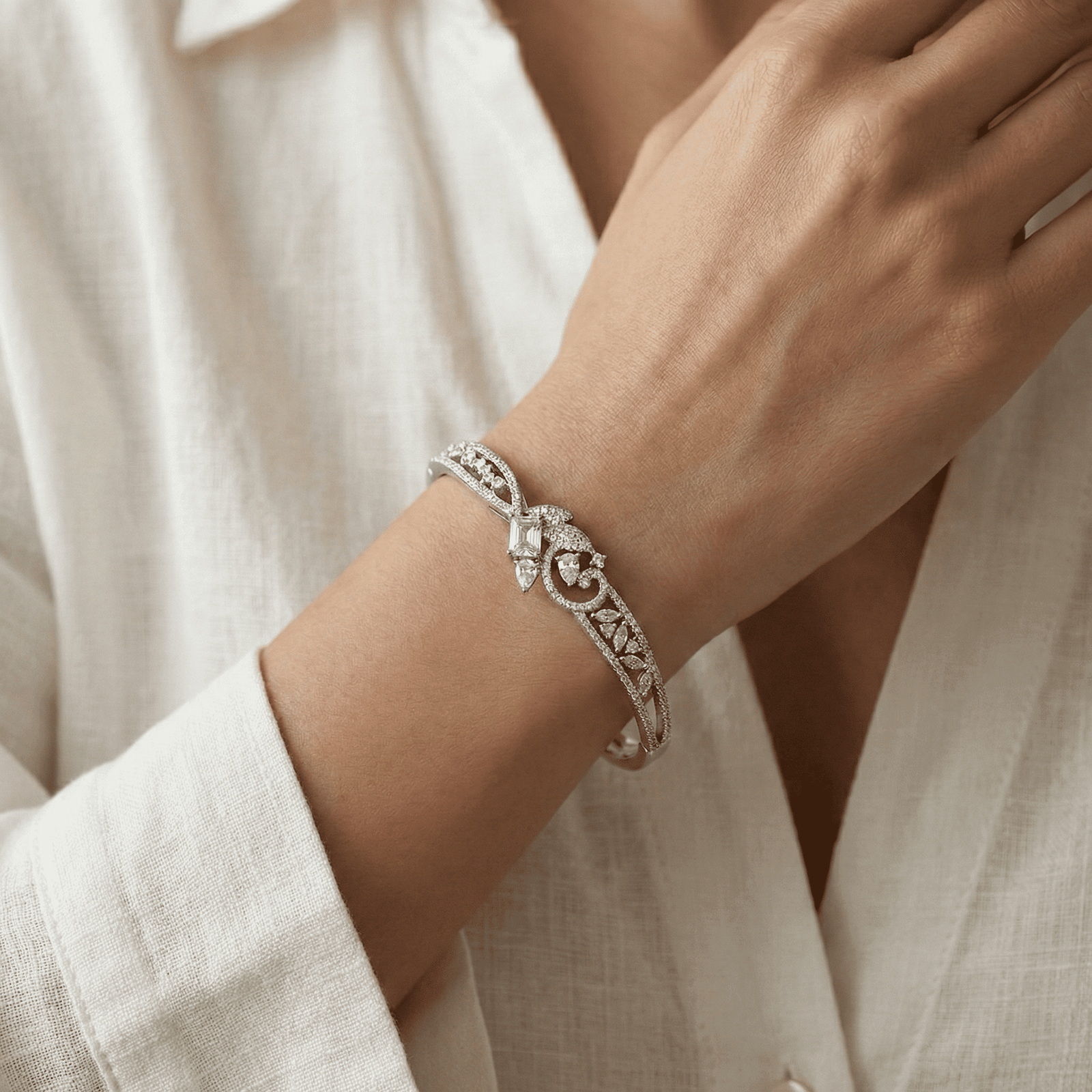 Eshanarya Silver Zircon Anti-Tarnish Bracelet for Women