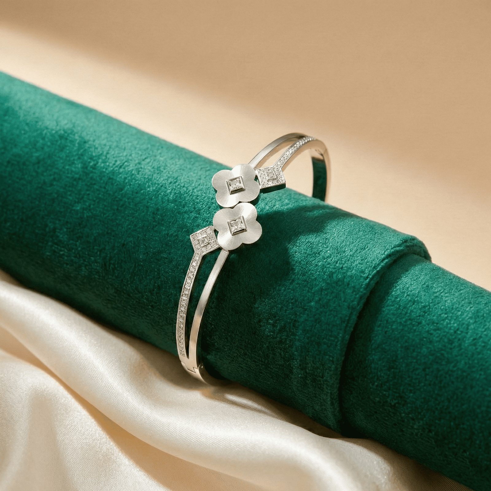 Modern stainless steel floral bracelet for women with silver finish