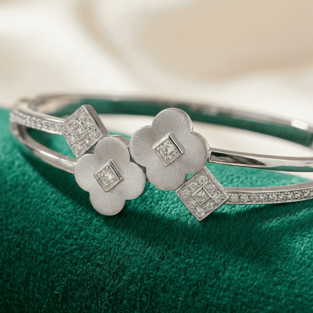 Close-up of floral motif silver bracelet with anti tarnish coating for women