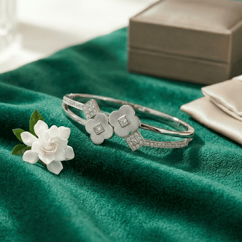 Floral anti tarnish bracelet for women styled with white flower backdrop