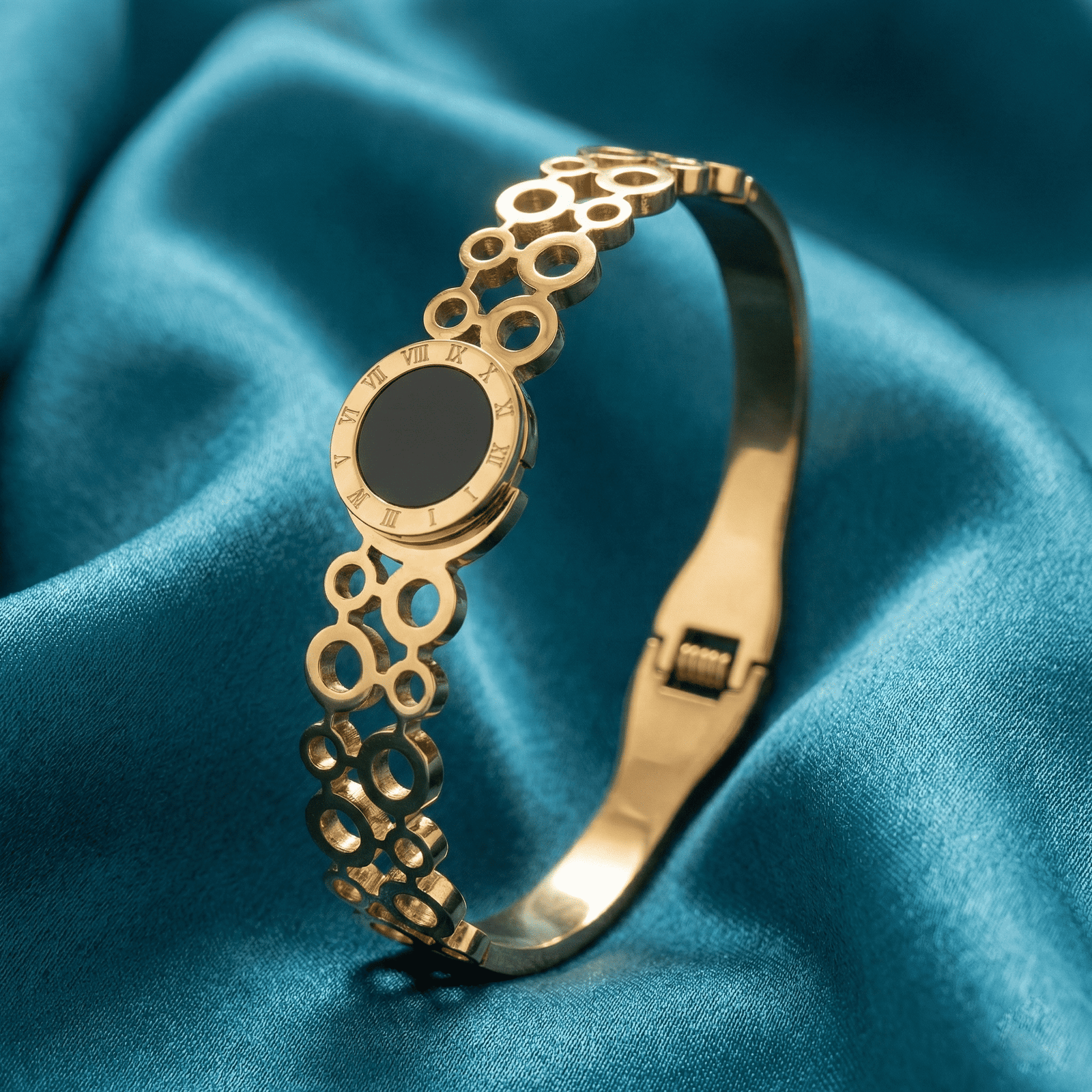Gold tone western bracelet for women with Roman dial inspired centerpiece