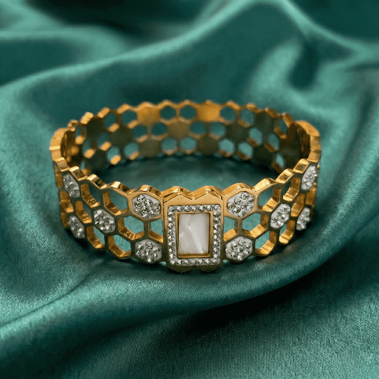 Eshanarya Gold-Tone Honeycomb Crystal Bracelet for Women