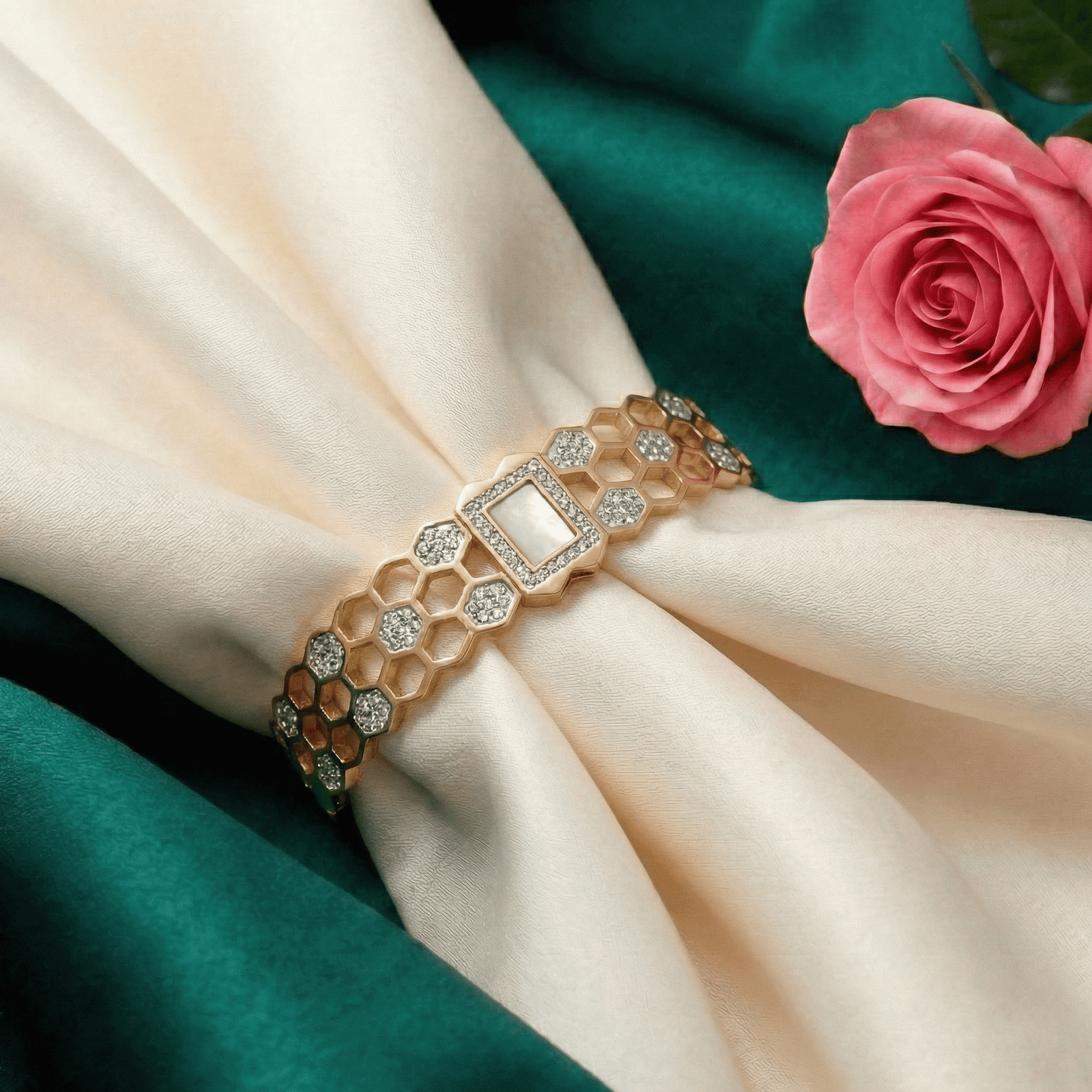 Eshanarya Gold-Tone Honeycomb Crystal Bracelet for Women