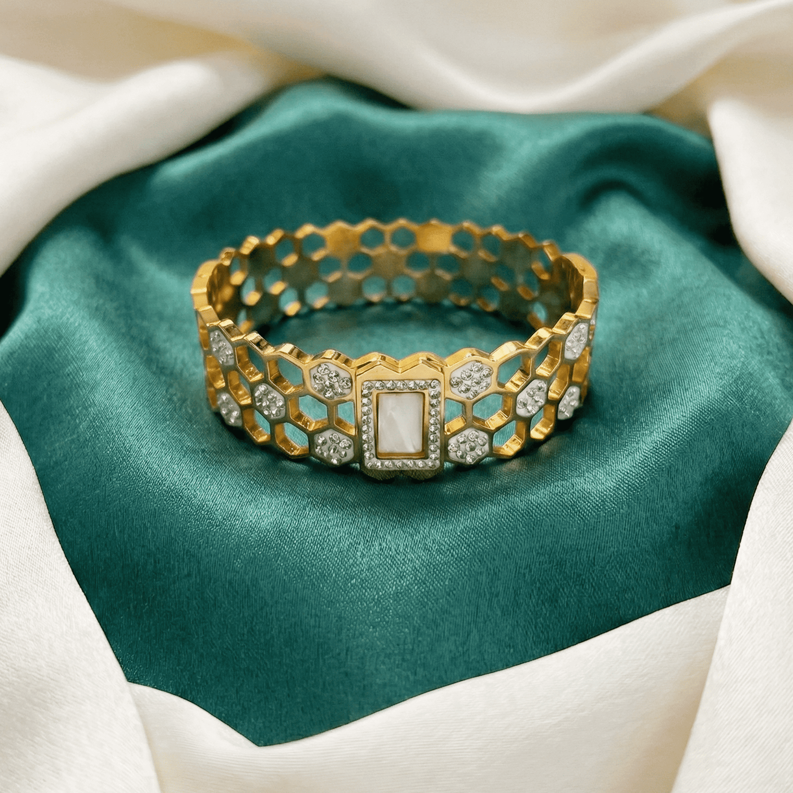 Modern gold-tone bracelet with geometric honeycomb design for women