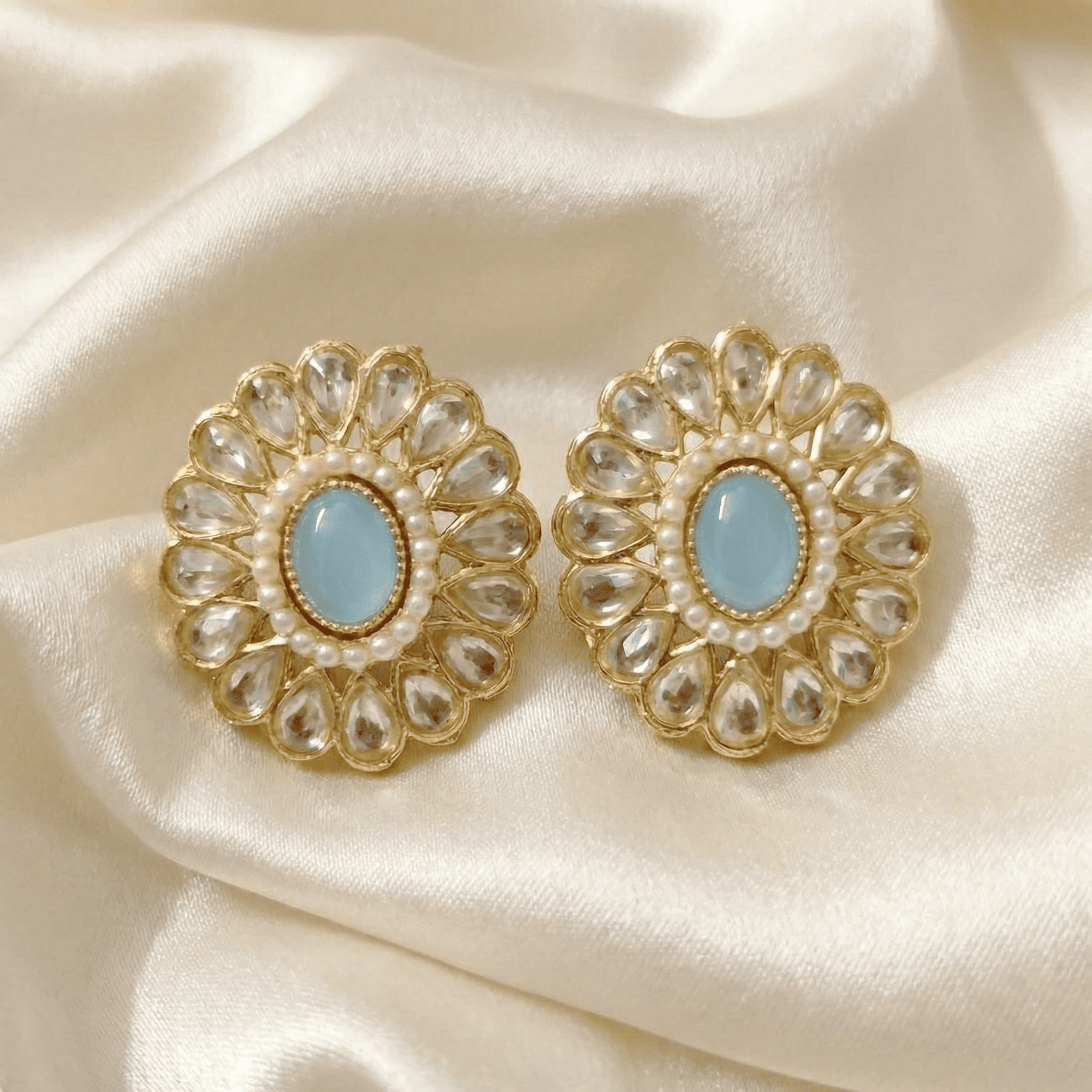 Kundan Style Floral Earrings with Sky Blue Centre Stone and Pearl Detailing