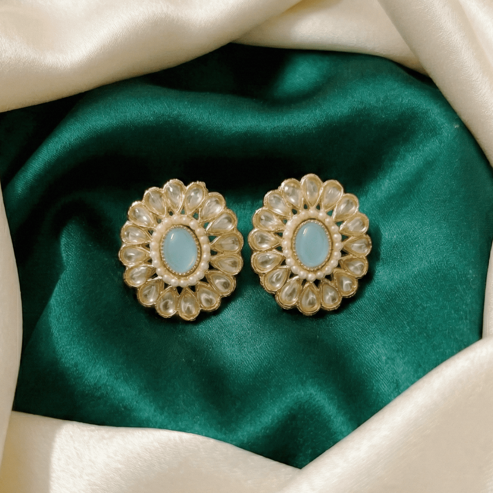 Kundan Look Convertible Earrings with Sky Blue Centre Stone for Ethnic Wear