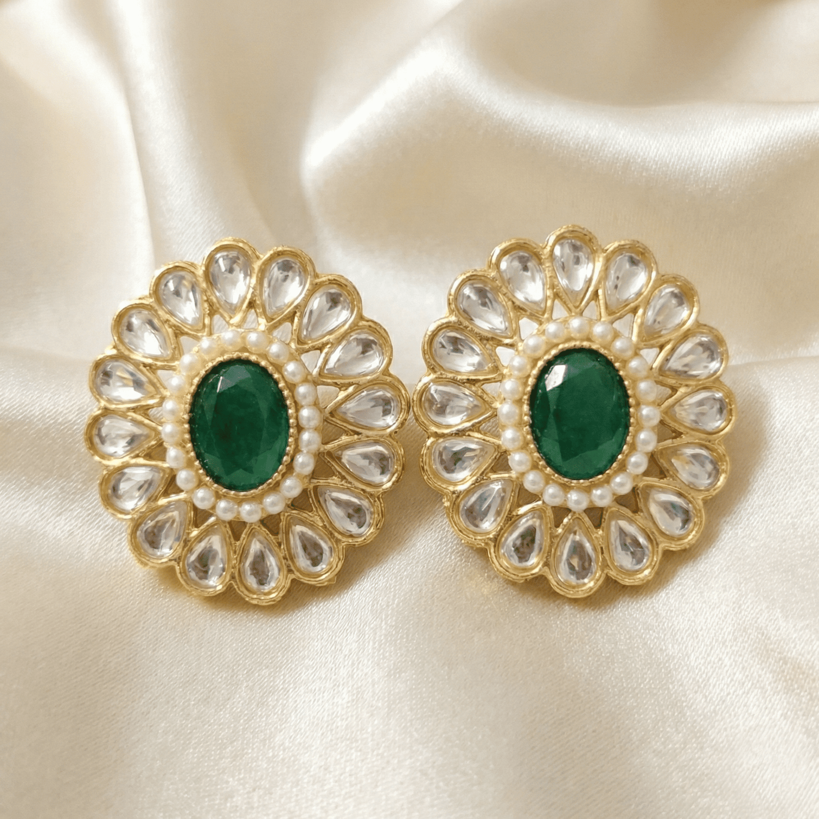 Kundan Look Stud Earrings with Emerald Green Centre Stone and Floral Kundan Pattern