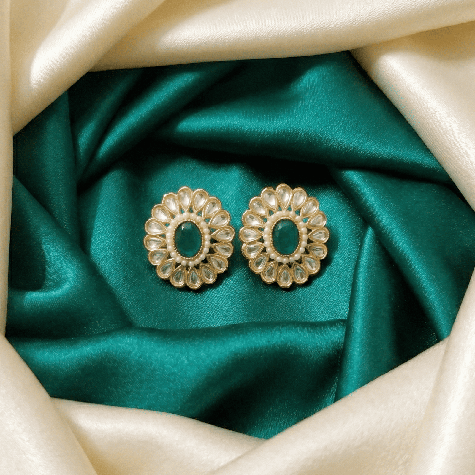 Artificial Kundan Stud Earrings with Green Centre Stone and Pearl Accents