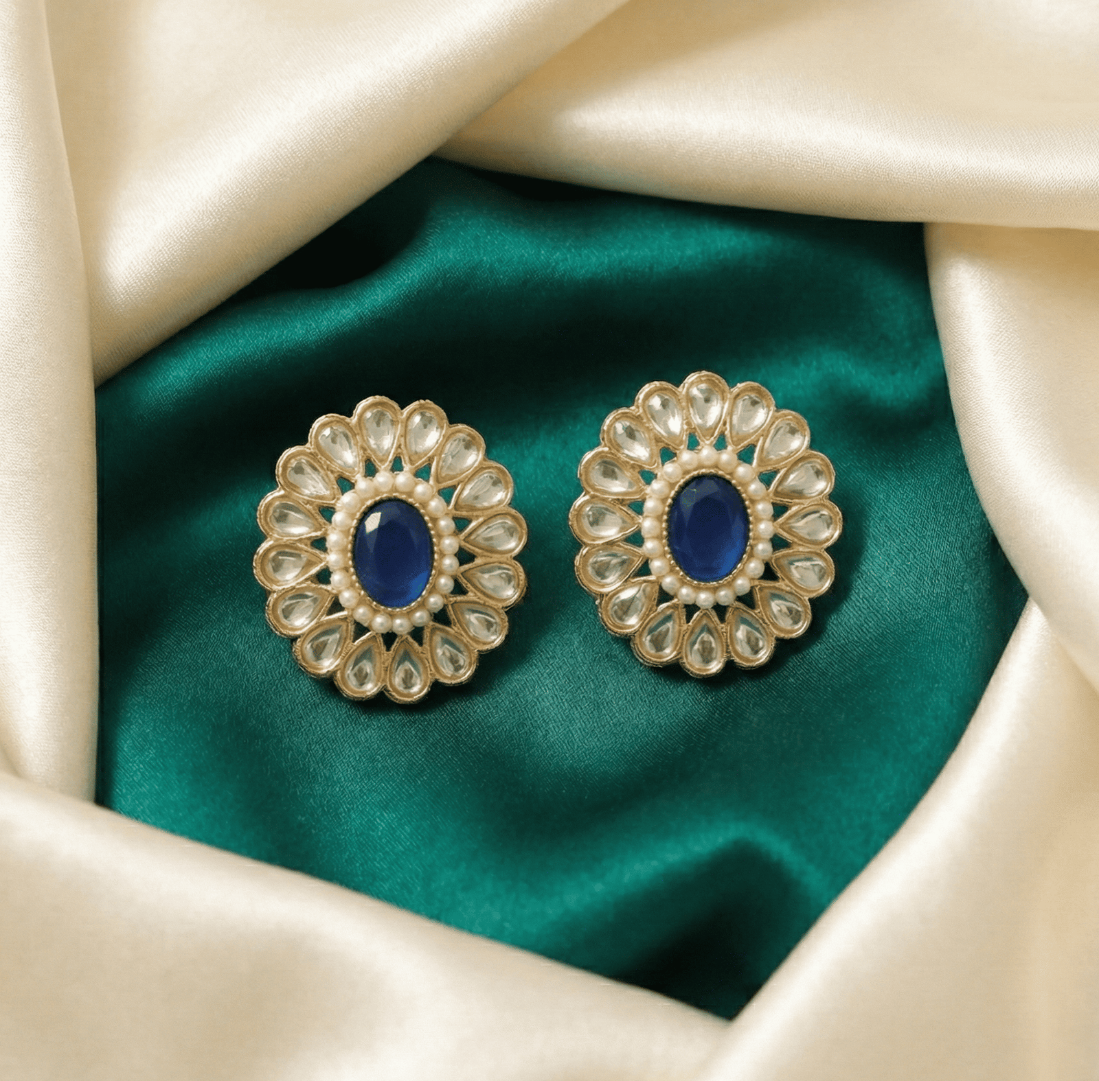 Statement Kundan Look Convertible Stud Earrings with Blue Centre Stone