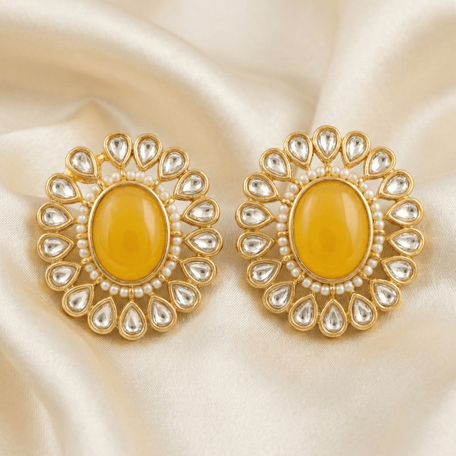 Traditional Kundan Stud Earrings with Yellow Interchangeable Stone and Gold Tone Finish