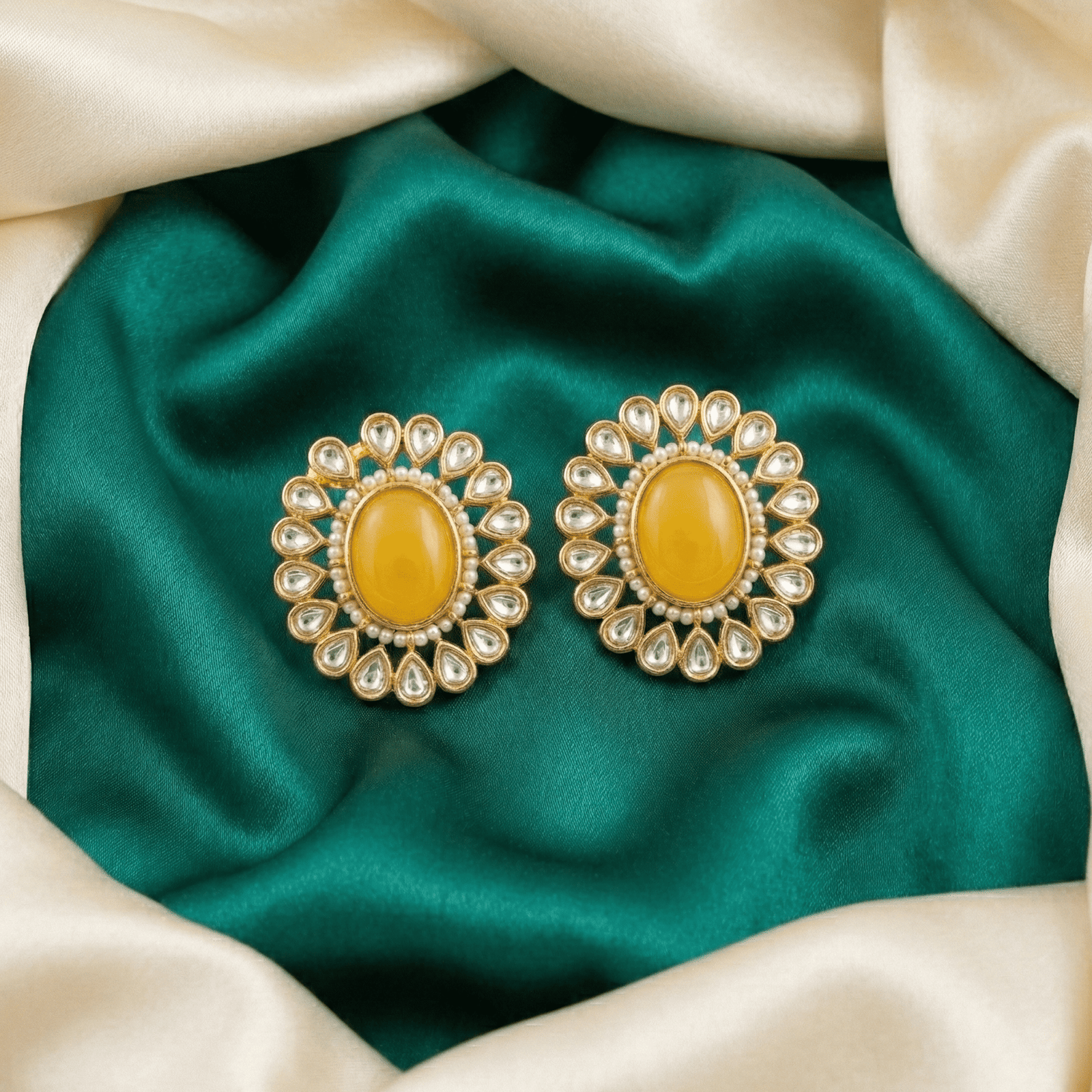 Wedding Wear Kundan Convertible Earrings with Yellow Centre Stone