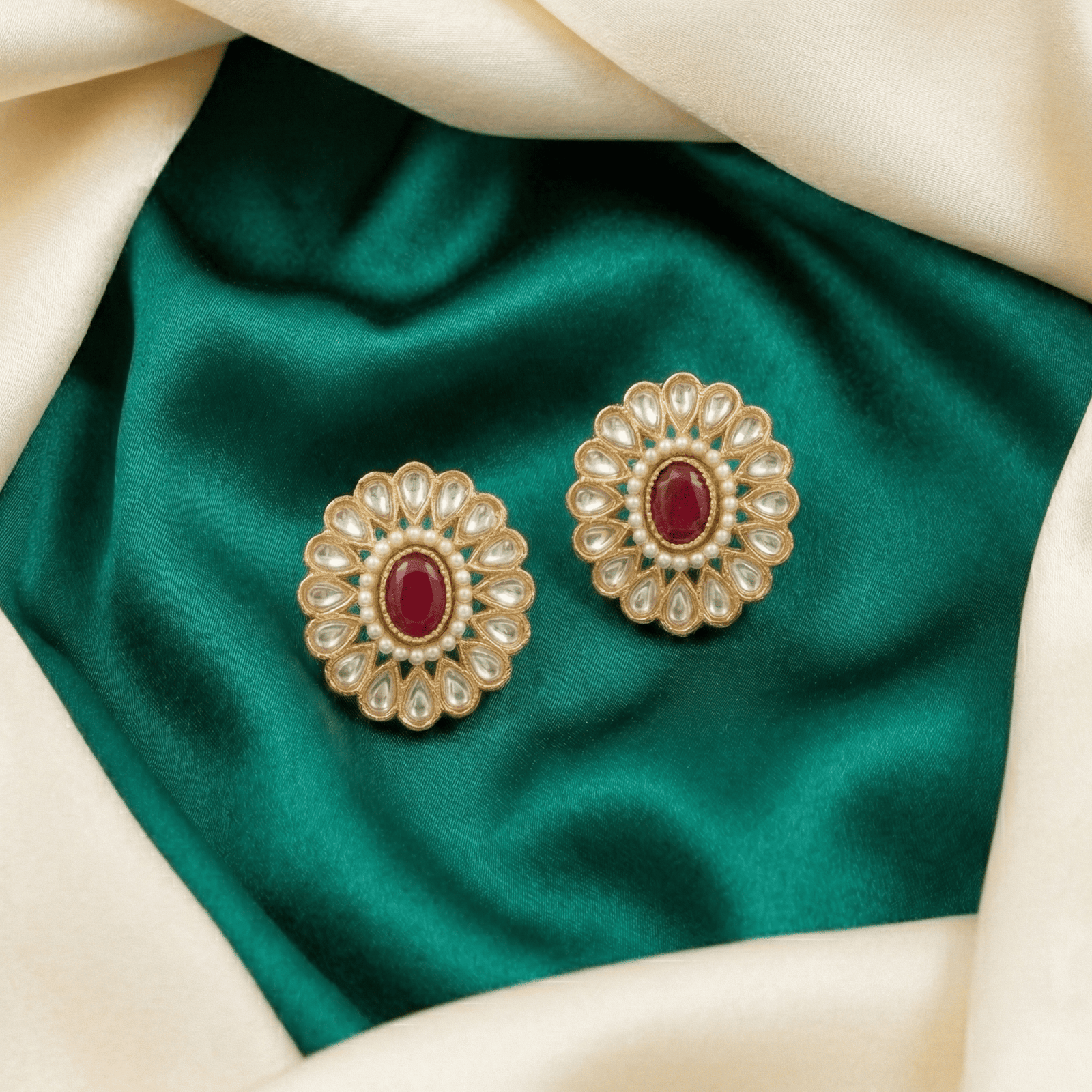 Floral Kundan Look Earrings with Red Centre Stone for Wedding and Festive Wear