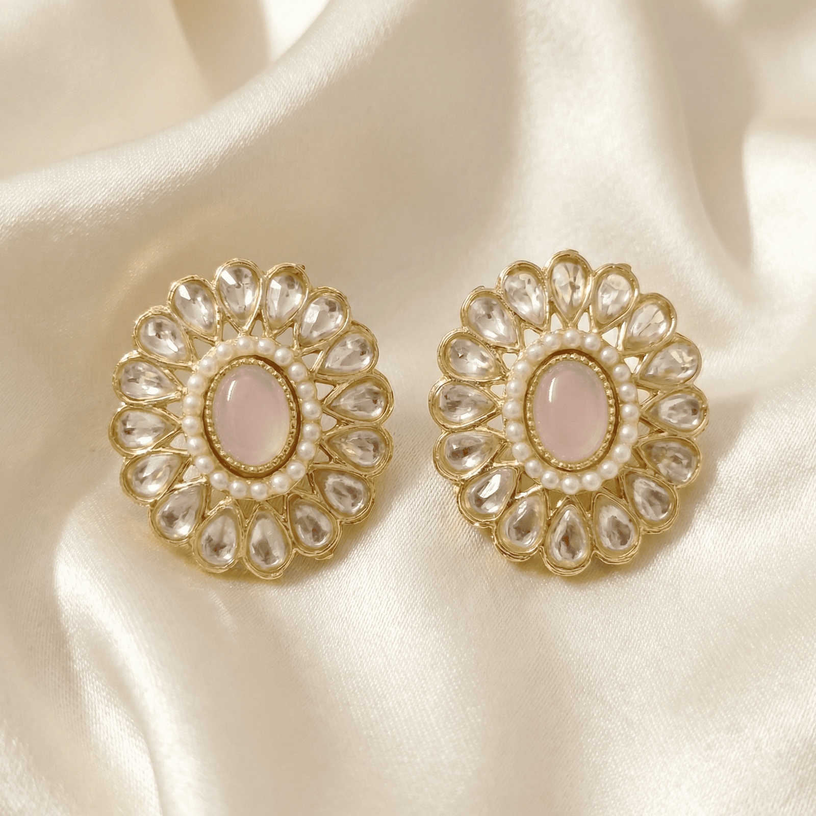 Gold Tone Floral Kundan Stud Earrings with Pink Centre Stone and Pearl Border
