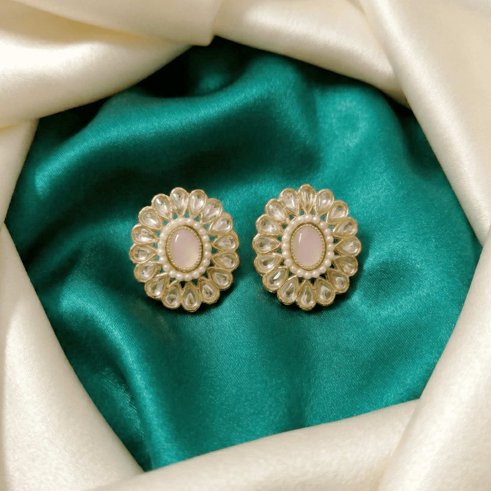 Gold Tone Ethnic Stud Earrings with Pink Interchangeable Stone for Women
