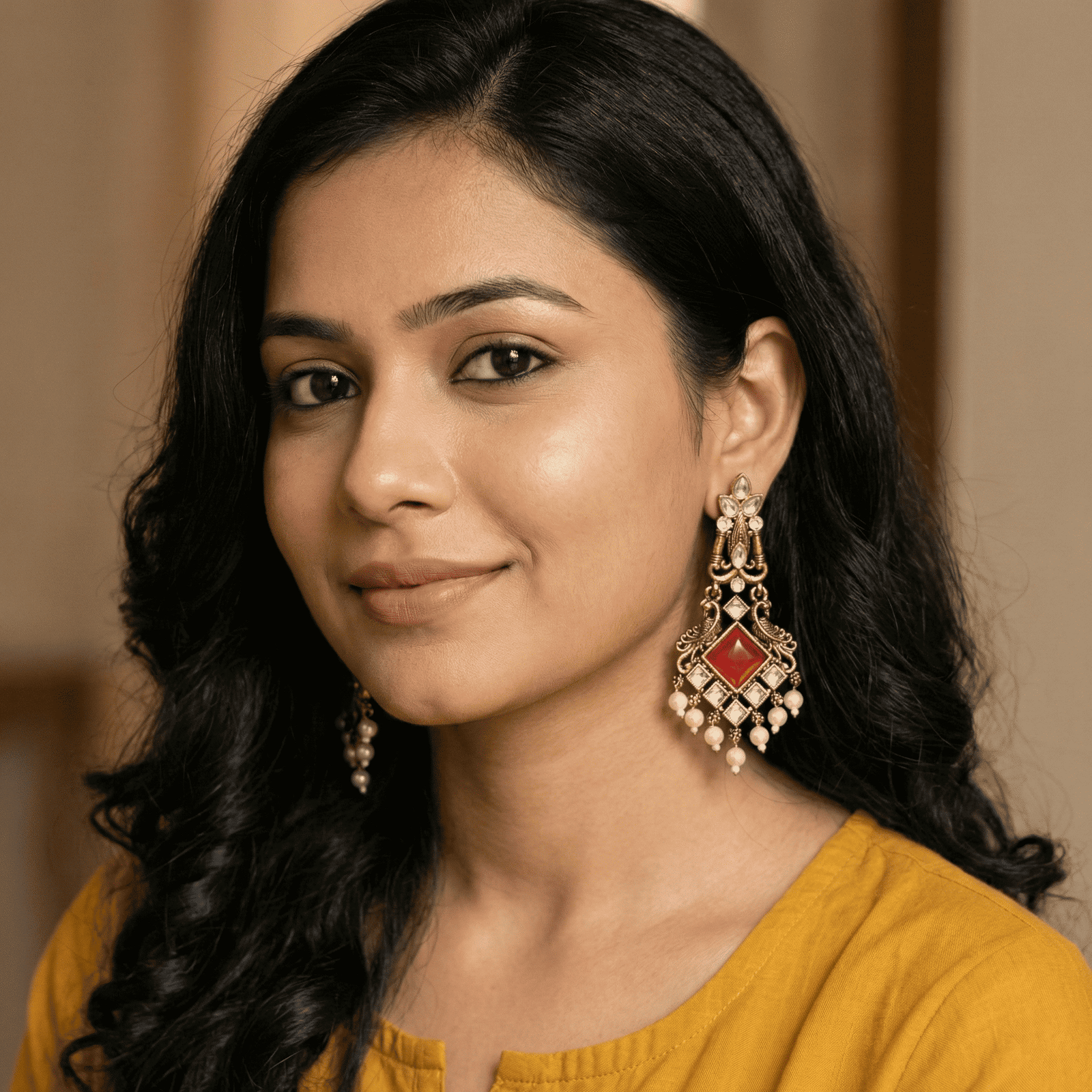 Woman wearing antique gold red kundan pearl drop earrings with ethnic outfit