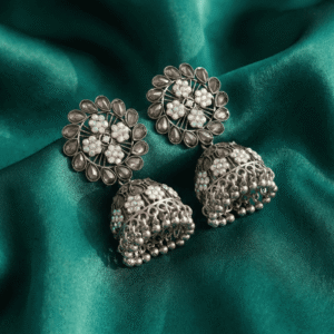 Oxidised Floral Jhumka Earrings with Clear Stones 1