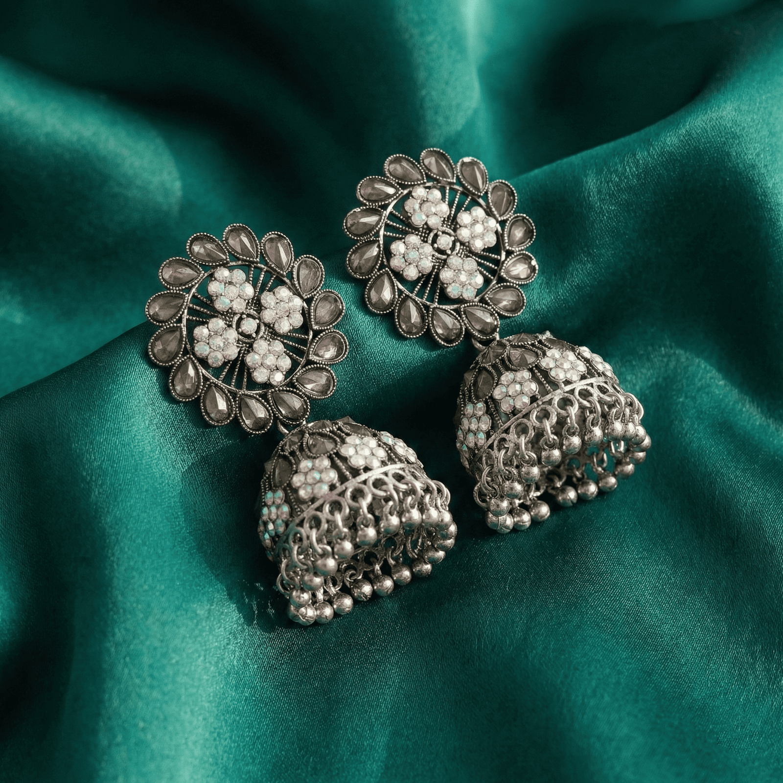 Oxidised Floral Jhumka Earrings with Clear Stones for Women