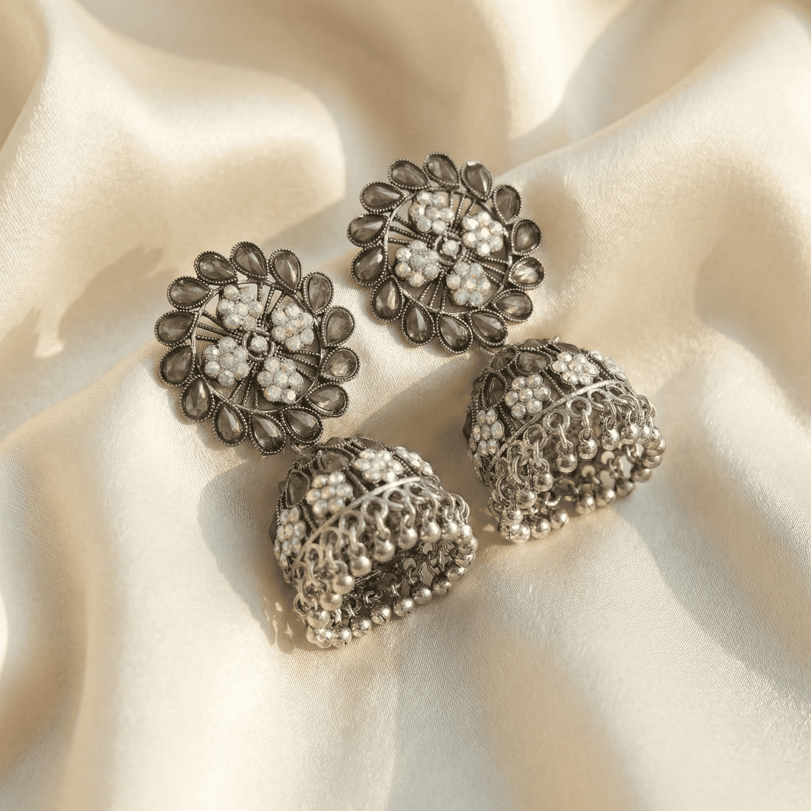 Oxidised Floral Jhumka Earrings with Clear Stones for Women