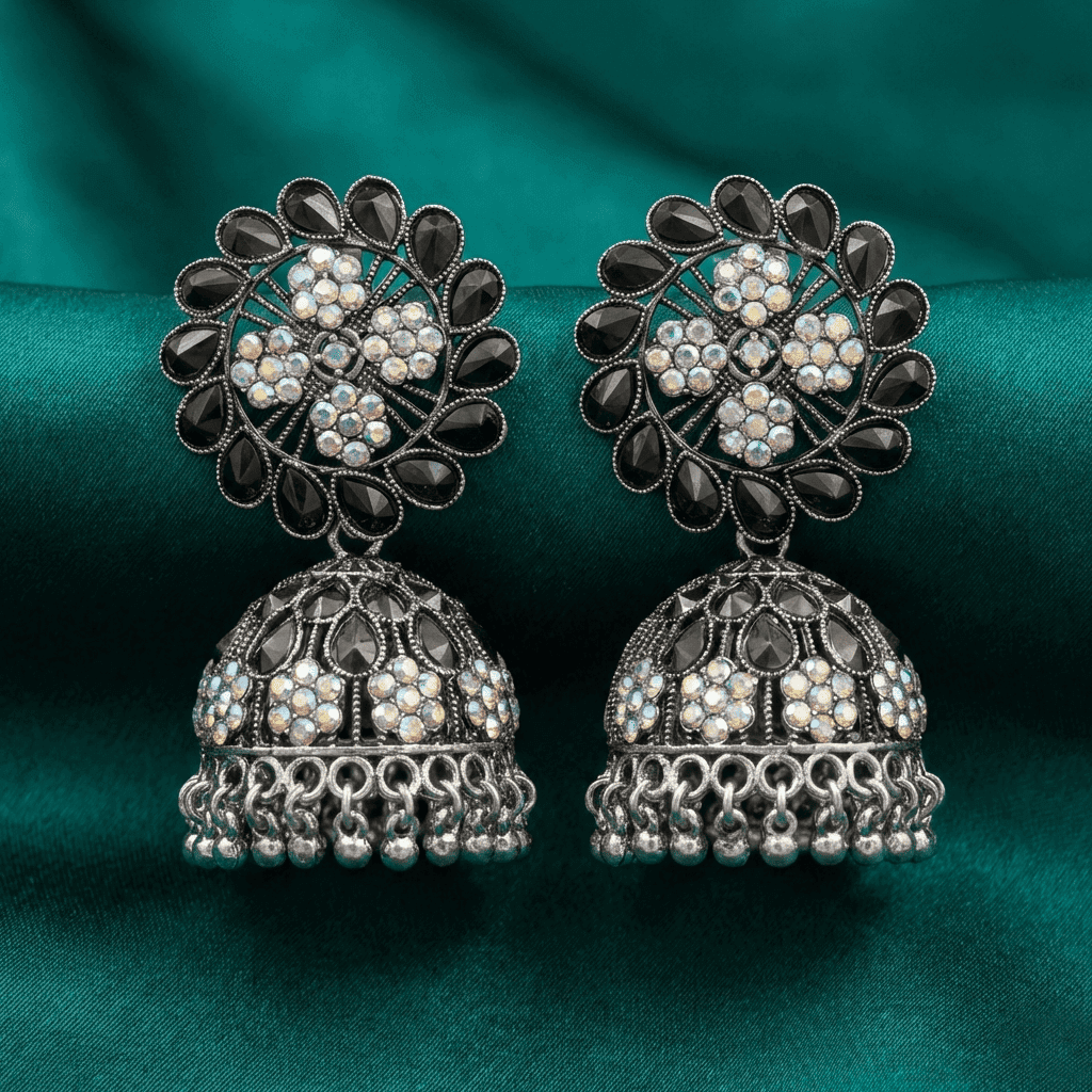 Floral crystal stone jhumka earrings close-up product image