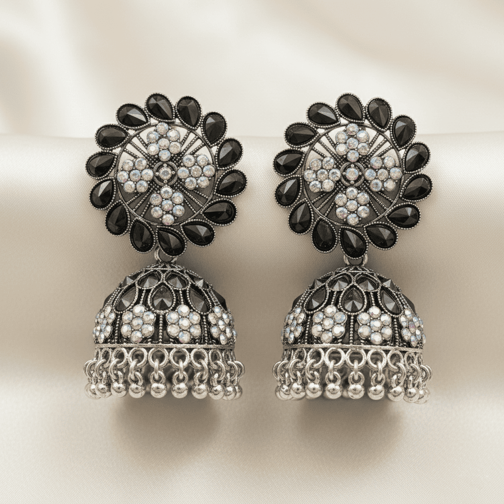 Oxidised silver-tone floral earrings with dangling bead details