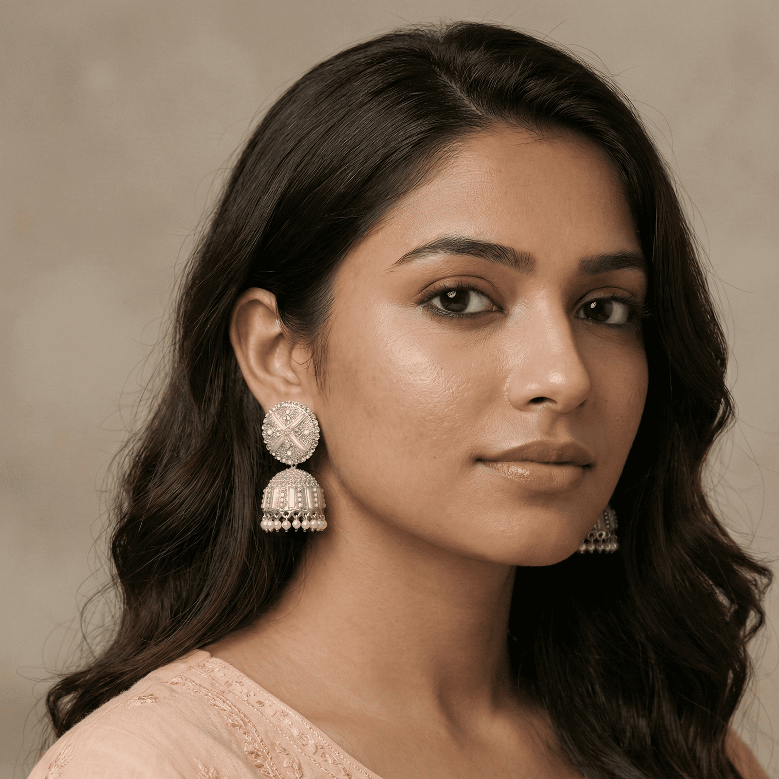 Festive mirror-style silver jhumka earrings close-up product image