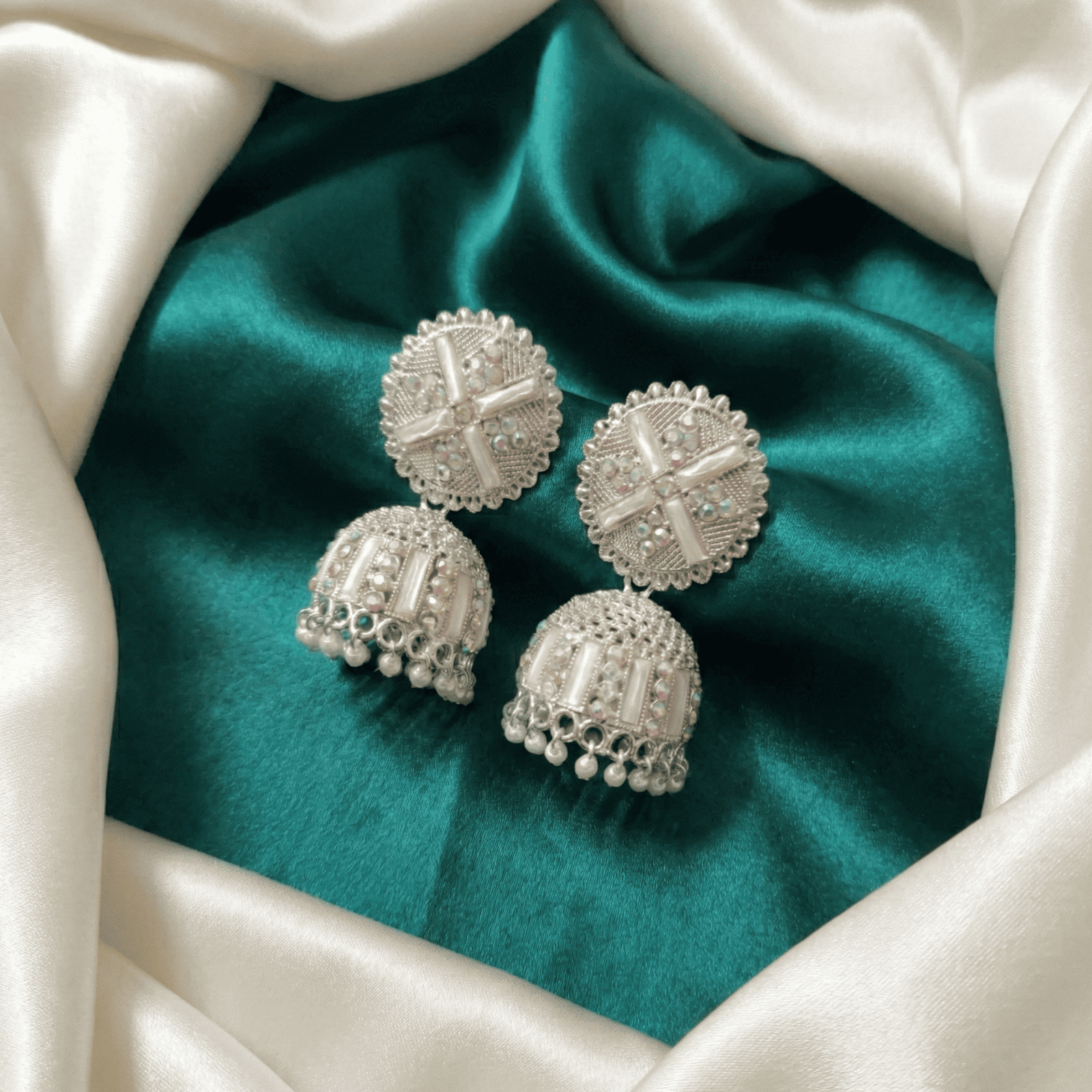Ethnic silver-tone mirror-style earrings for festive occasions
