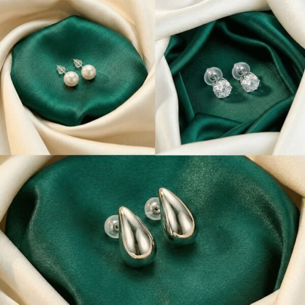 Silver Tone Stud Earrings Combo – Pearl, Crystal & Teardrop