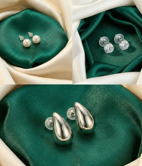 Silver Tone Stud Earrings Combo – Pearl, Crystal & Teardrop (3 Pairs)