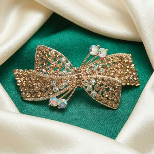 Eshanarya Crystal Hair Clip for Women Butterfly Bow Gold Finish