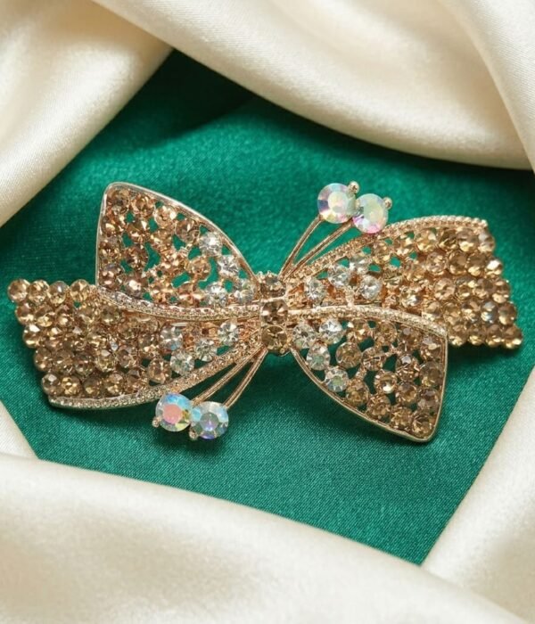 Eshanarya Butterfly Bow Gold Finish Crystal Hair Clip for Women