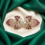 Eshanarya Floral Hair Clip for Women with Pink Crystal Stones and Gold Finish