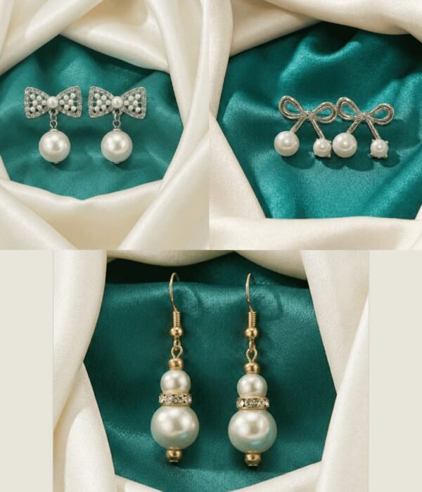 Pearl Earrings Combo Set for Women – 3 Pairs | Pearl Drop, Bow & Stud Earrings