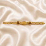 Eshanarya Mere Bhai Bracelet Rakhi with Rudraksha beads, crystal-studded centreplate and gold finish chain on off-white satin background