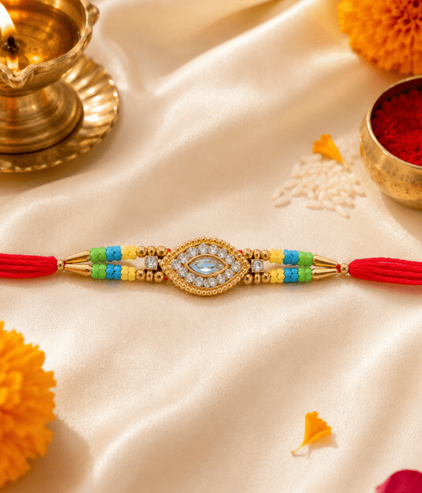 Eshanarya Gold Finish Crystal Designer Rakhi for Brother | Handmade Rakhi