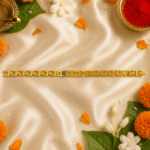 Flat Lay of Eshanarya Gold Bracelet Rakhi with Blue Stone on Festive Raksha Bandhan Setup with Kumkum, Diya and Marigold Flowers