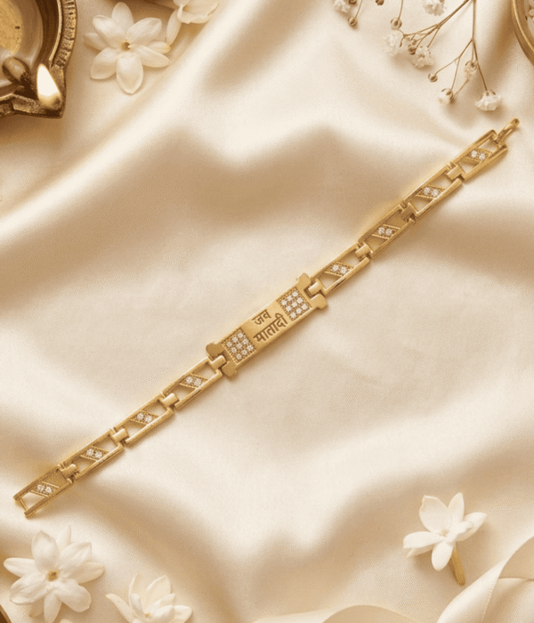 Eshanarya Jai Mata Di Gold Finish Bracelet Rakhi for Brother