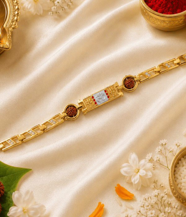 Eshanarya Om Rudraksha Gold Finish Bracelet Rakhi for Brother