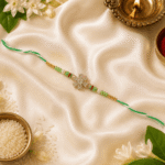 Premium handcrafted green crystal Rakhi with festive Raksha Bandhan decorations on satin cloth