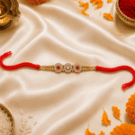 Triple Crystal Floral Designer Rakhi on festive satin background with diya, kumkum and flowers