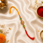 Festive styling of Eshanarya Ganesha Designer Rakhi with marigold flowers, rice and pooja décor
