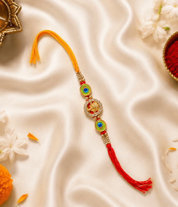 Eshanarya Lord Ganesha Peacock Feather Crystal Designer Rakhi for Brother