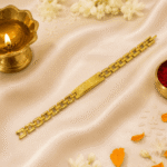 Lifestyle image of Eshanarya minimalist gold Bracelet Rakhi with diya, kumkum and floral decorations for Raksha Bandhan celebration