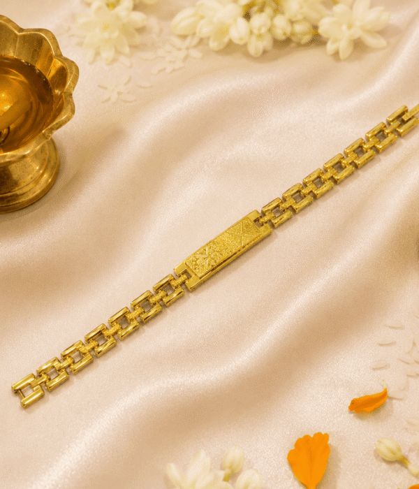 Eshanarya Gold Engraved Bracelet Rakhi | Designer Gold Finish Bracelet