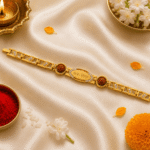 Premium Eshanarya Mere Bhai Bracelet Rakhi with Rudraksha beads, crystal-studded centrepiece and traditional Raksha Bandhan pooja elements