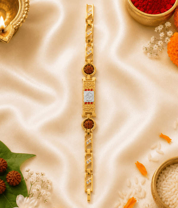 Eshanarya Om Rudraksha Gold Finish Bracelet Rakhi for Brother