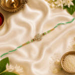 Luxury festive flat lay of green designer Rakhi with diya kumkum jasmine flowers and rice on satin background
