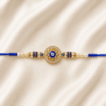 Simple blue thread Evil Eye Rakhi with sparkling crystal circle and pearl bead design for Raksha Bandhan
