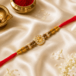 Lord Ganesha Crystal Designer Rakhi for brother with wooden beads and traditional red thread